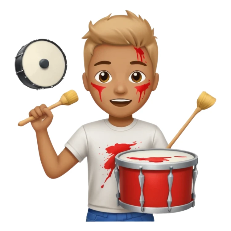 A loud fan, simple tee shirt with paint on his cheeks with a marching drum, beating it with enthusiasm sticker