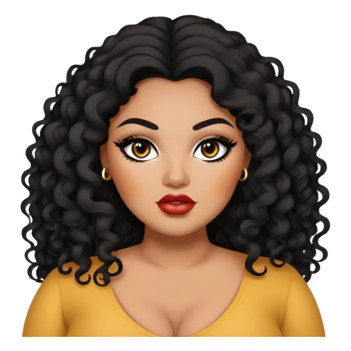 big plus size, darker tan skin, long black curly hair, baddie,pretty, makeup, lipliner, black eyeliner, long thin hair sticker