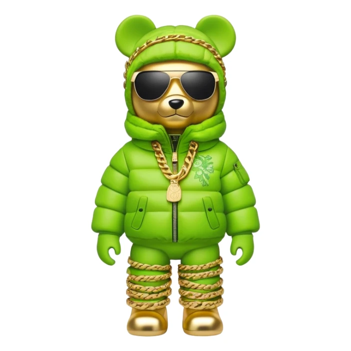 bearbrick figure with lime green grafitti-covered balaclava, voluminous puffer jacket with fur trim, single-piece wrap-around sunglasses, heavy gold chains, luxury streetwear style sticker