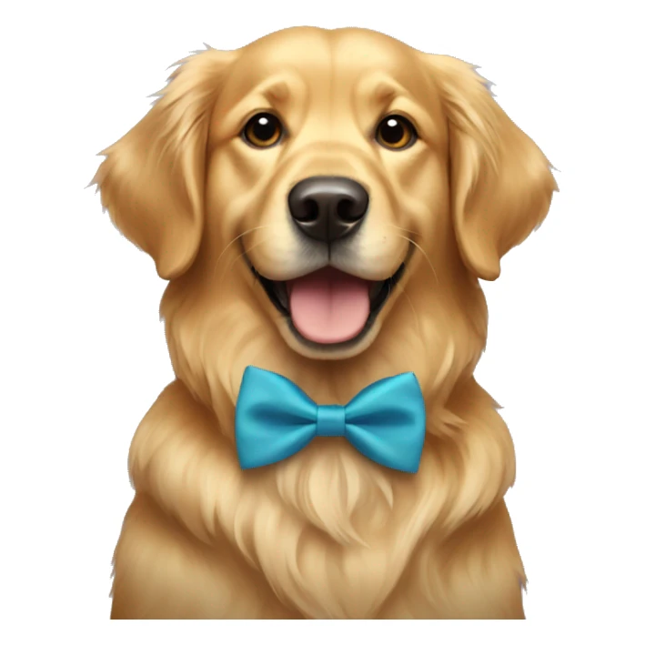 A golden retriever happy with a bow tie sticker