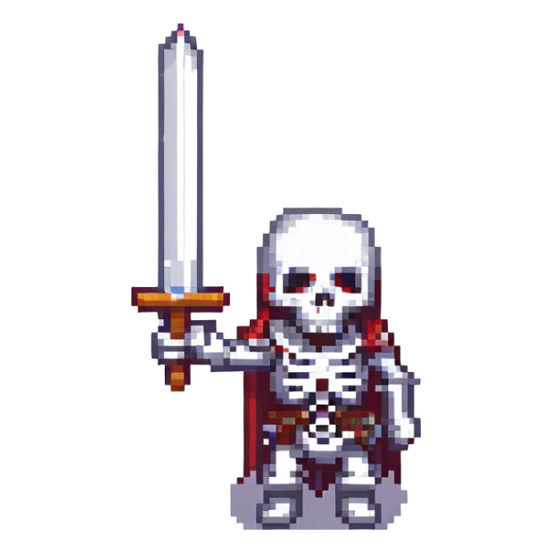 skeleton with a sword raised, pixel art style sticker