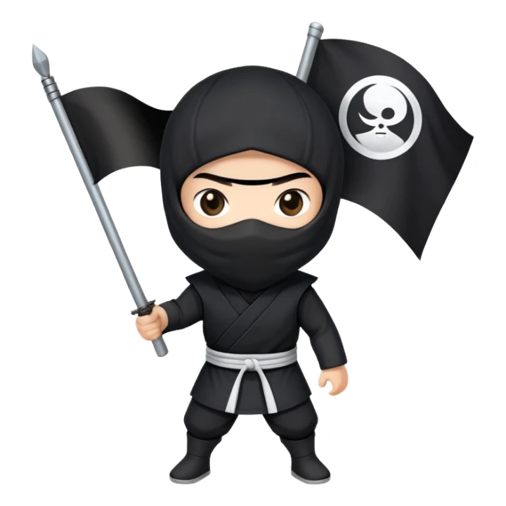 A ninja with black clothes holding a black flag with a white circle in the middle of the flag sticker