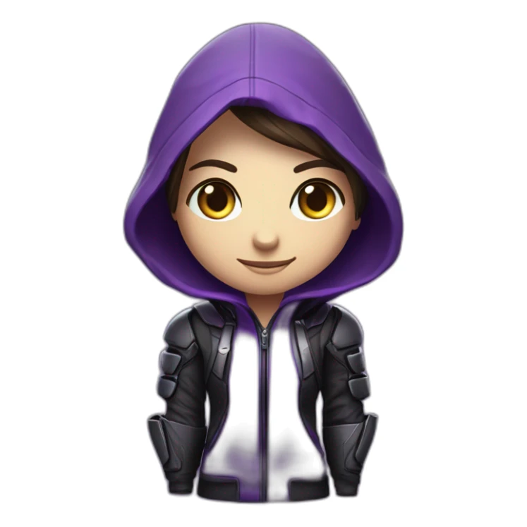 Girl developer behind his laptop with this style : Crytek Crysis Video game with nanosuit purple character purlple black hooded hacker themed character sticker
