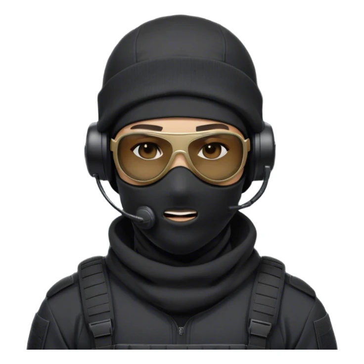 Futuristic special forces soldier wearing a white knit full-face balaclava, black wraparound tactical sunglasses, and a black backward cap over the balaclava. The soldier has a large professional military headset with a microphone. He is dressed in a black hoodie, with no tactical vest or armor. sticker