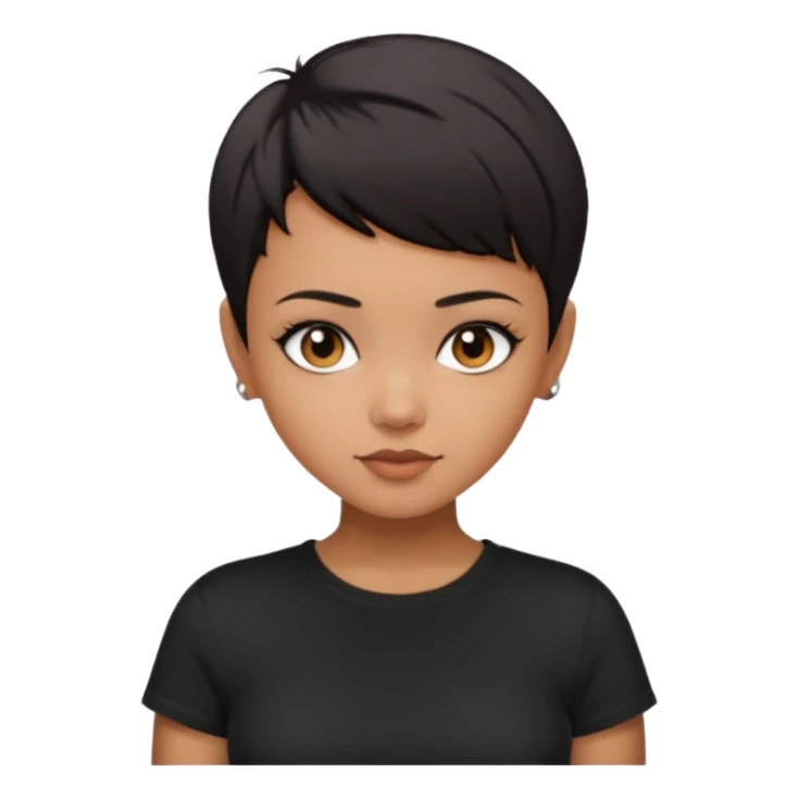 A girl with black short pixie haircut cut, dark brown eyes that almost look like black, caramel tone skin colour. Wearing a black t-shirt.  sticker