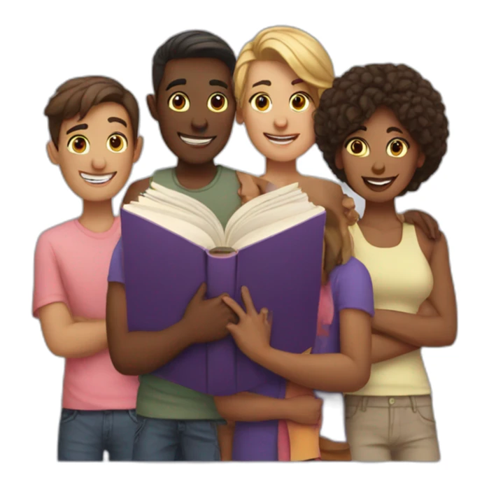 group of friends with a book sticker
