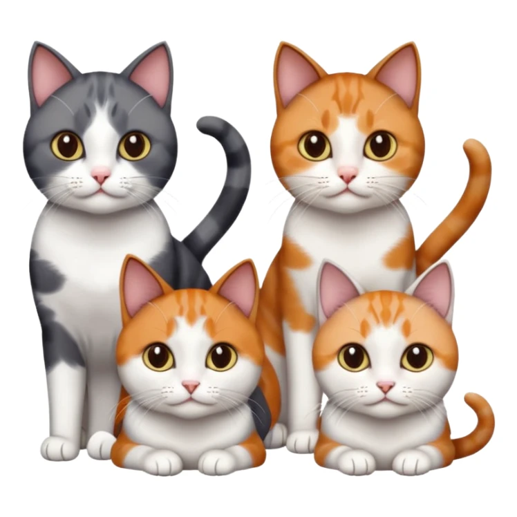 4 different coloured short haired cats including; a dark brown and white cat, and a dark grey and white, and a calico sticker