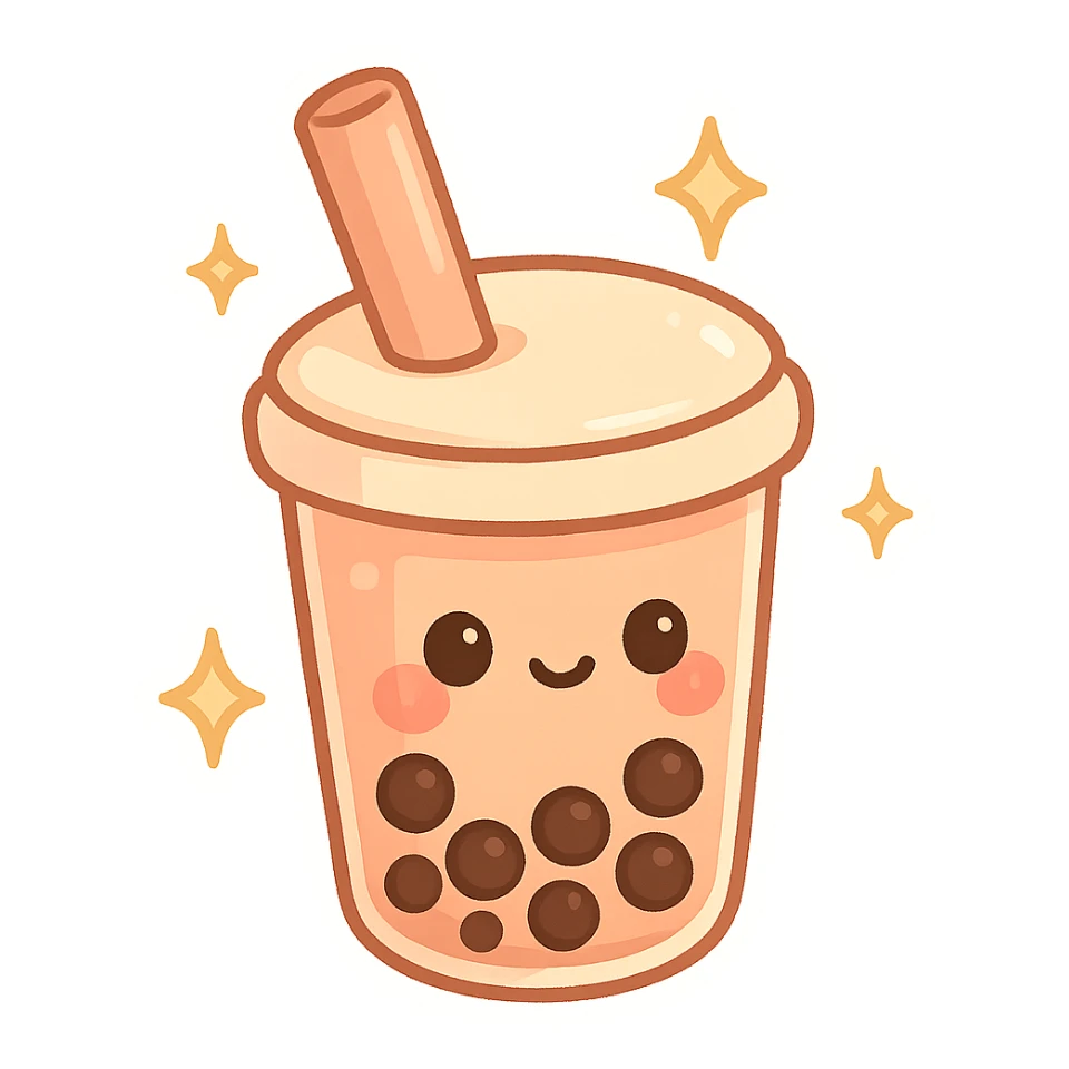chibi sticker-style bubble tea with sparkles, cute and exaggerated sticker