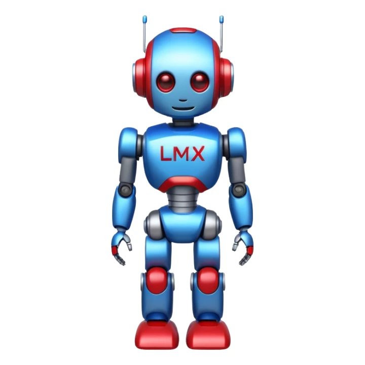 generate cute full body robot glossy, realstic, red and blue color, add text on chest "LMX" sticker
