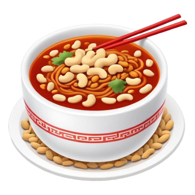 Chongqing Xiaomian with red spicy broth and peanuts, simplified emoji style with bold outlines and bright colors, cartoon style hot Sichuan street noodles sticker