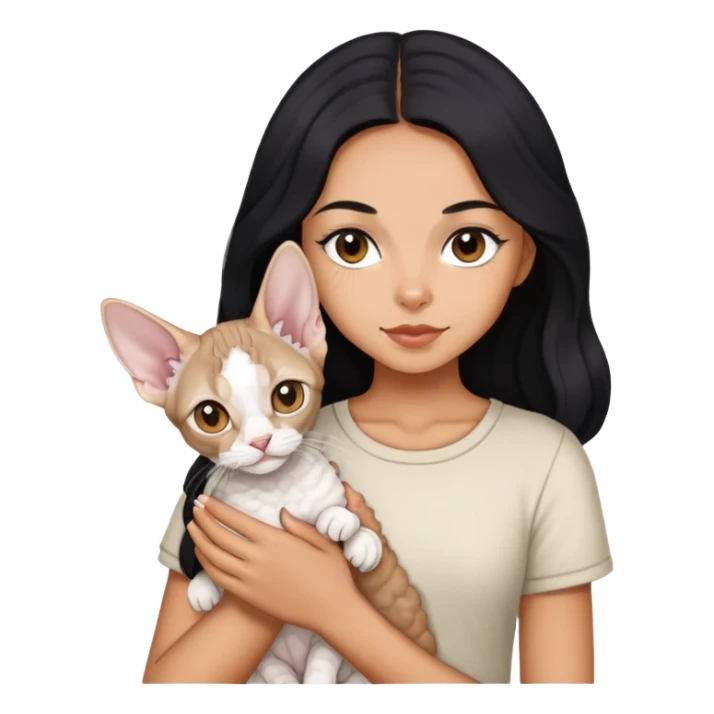 a  girl with black long hair with a white devon rex  sticker