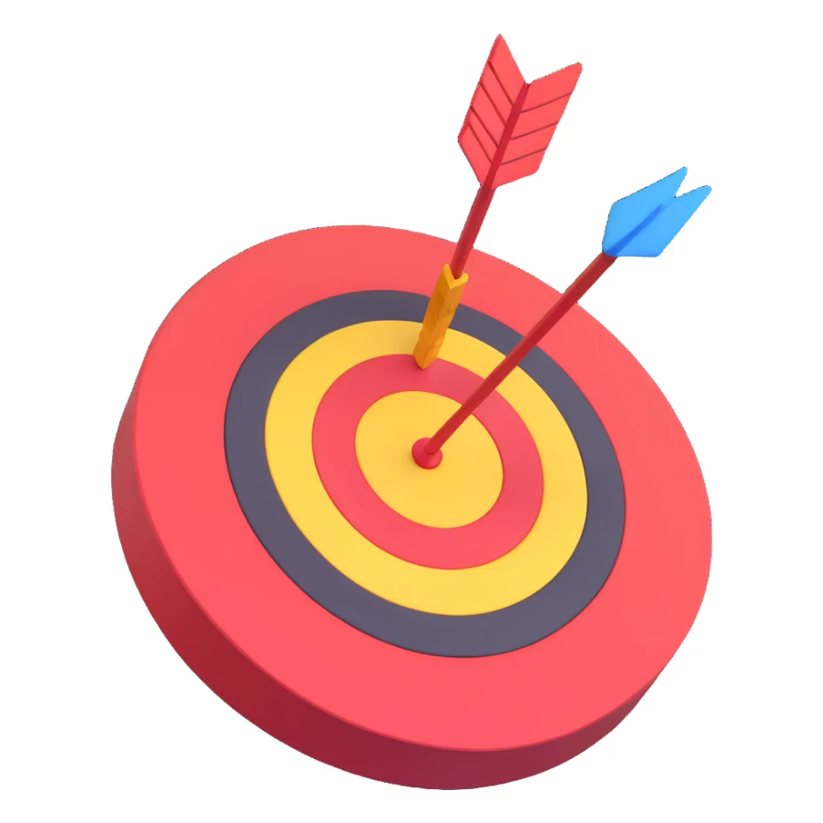 Edit the image to show a target with an arrow in the center in 3D style. Use #FED70F as the main color for the target and #992FFB for the accents including the arrow. Keep the 3D look and no background (transparent). sticker