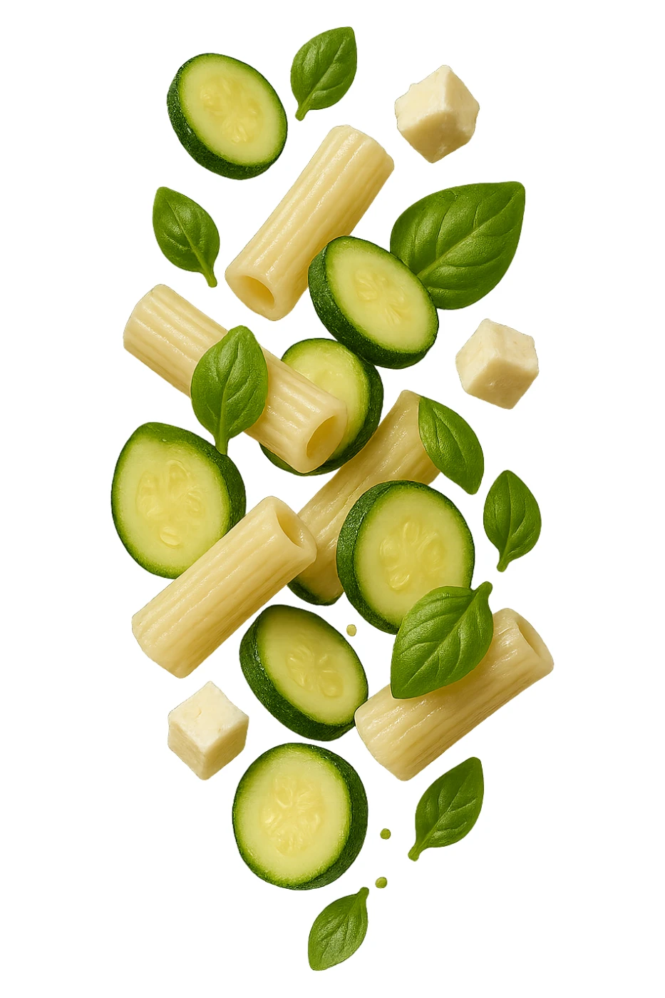 EMOJI STILE IPHONE DI Pasta di riso con zucchine, basilico e feta cade verticalmente, iperrealistica 4k sticker