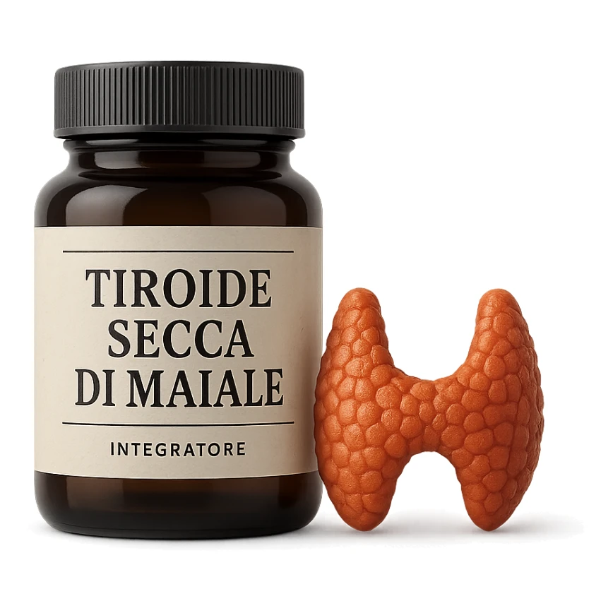 supplement jar labeled 'Tiroide Secca di Maiale' next to a small stylized thyroid illustration, isolated on white, hyperrealistic 4K sticker