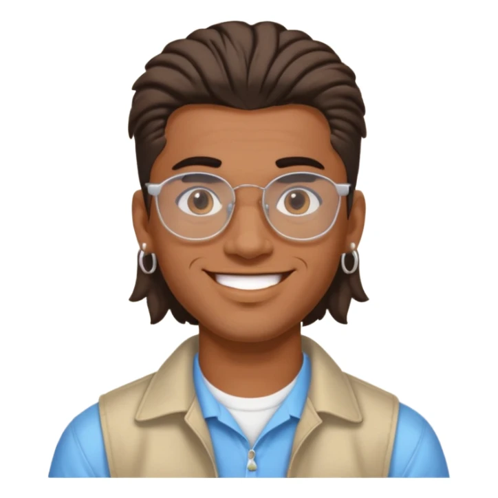 chico moreno con piercing en la ceja, pendientes, corte mullet y gafas y2k, expresión sonriente sticker