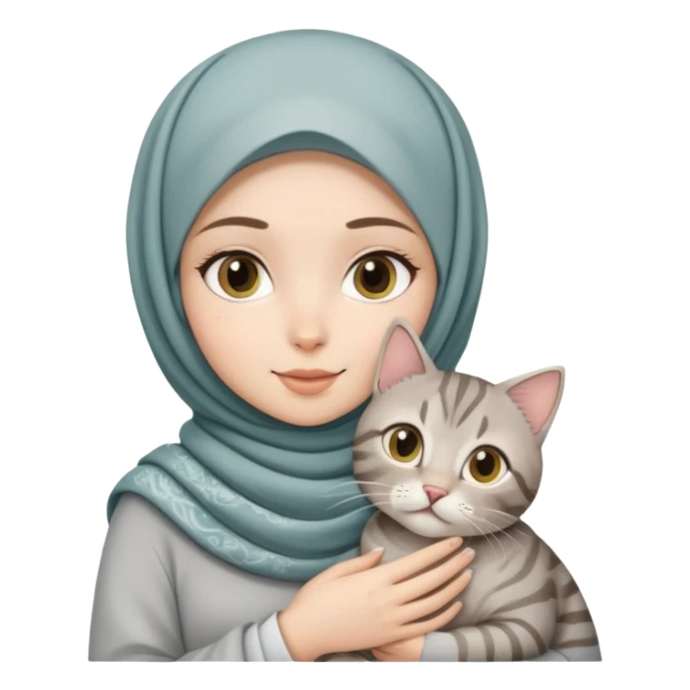 White hijab girl with printed hijab holding grey tabby cat sticker
