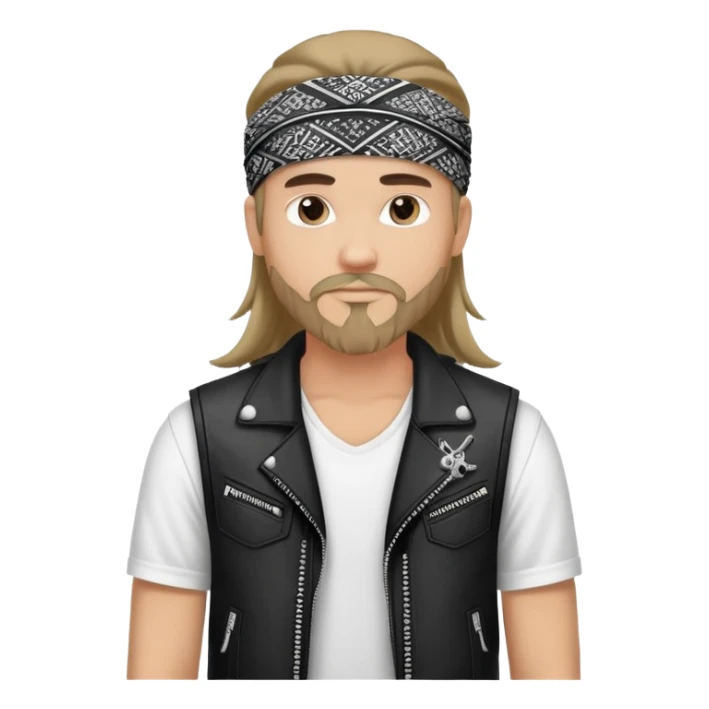 Guy wearing black and white patterned bandana as a headband with goatee and long hair, wearing white tshirt with black biker vest sticker