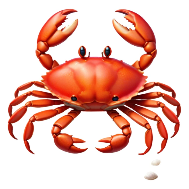 Cinematic Realistic Cute Crab Portrait Emoji, Head tilted playfully and inquisitively, featuring a compact, sturdy form with a glossy red shell uniquely forming an endearing face with bright, sparkling eyes, rendered with intricate natural textures and subtle coastal hues, high shine, affectionate and spirited, styled with a touch of seaside whimsy, soft glowing outline, capturing the essence of a mischievous yet lovable crab that seems ready to pinch playfully out of the screen into your arms! sticker