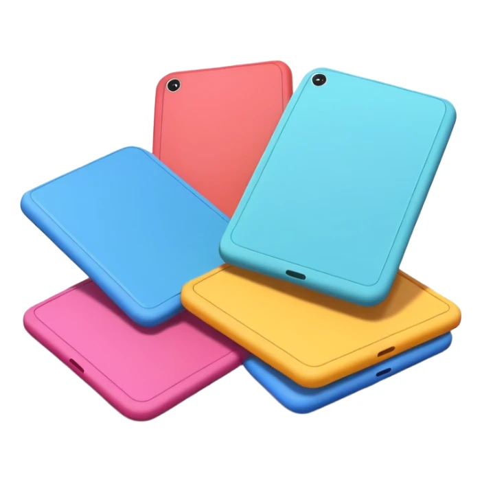 A few 3D cartoon tablets arranged in a neat line, soft shadow below, minimal white background, smooth texture, Memoji-style rendering. sticker