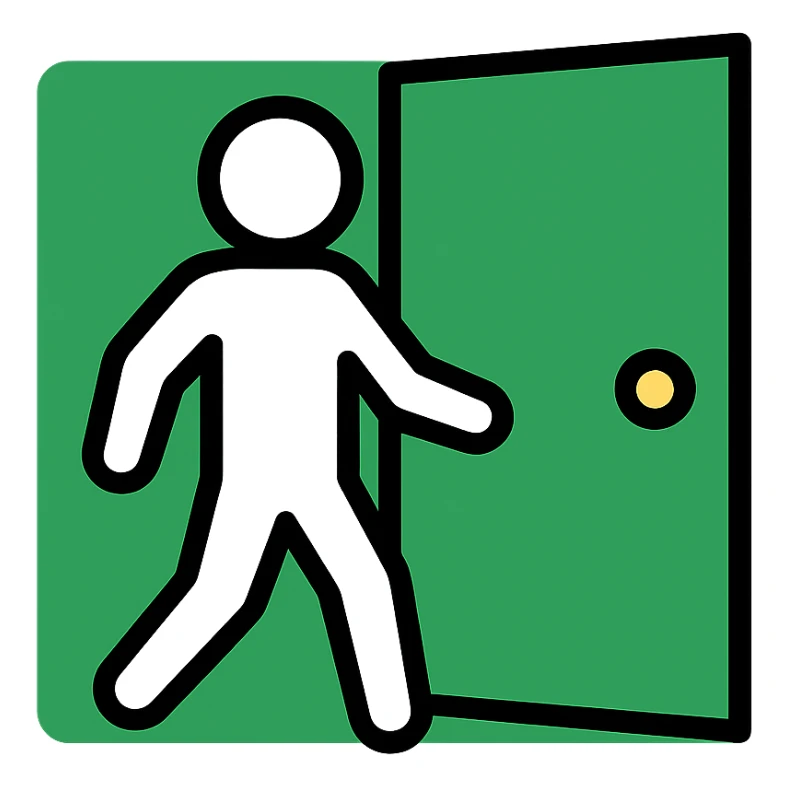 minimalistic icon of a white human figure walking through an open outlined door, viewed from the front, door with visible doorknob, solid green background, flat simple clean lines, high contrast sticker