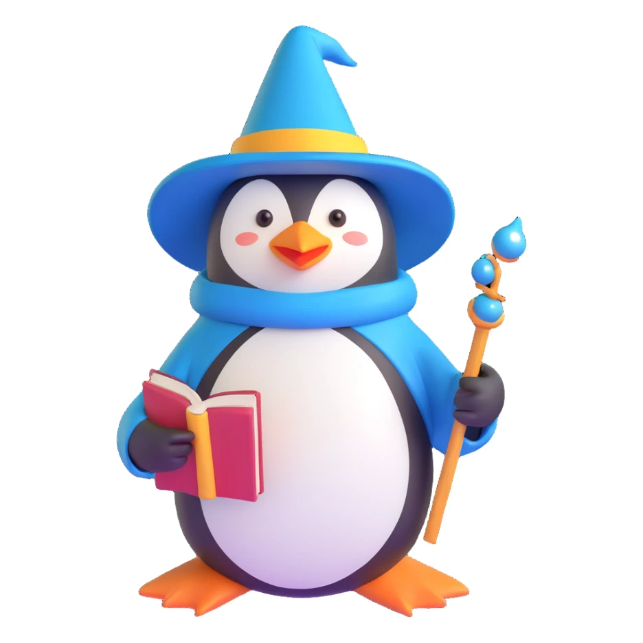 charming penguin wizard wearing a pointed hat and holding a book sticker