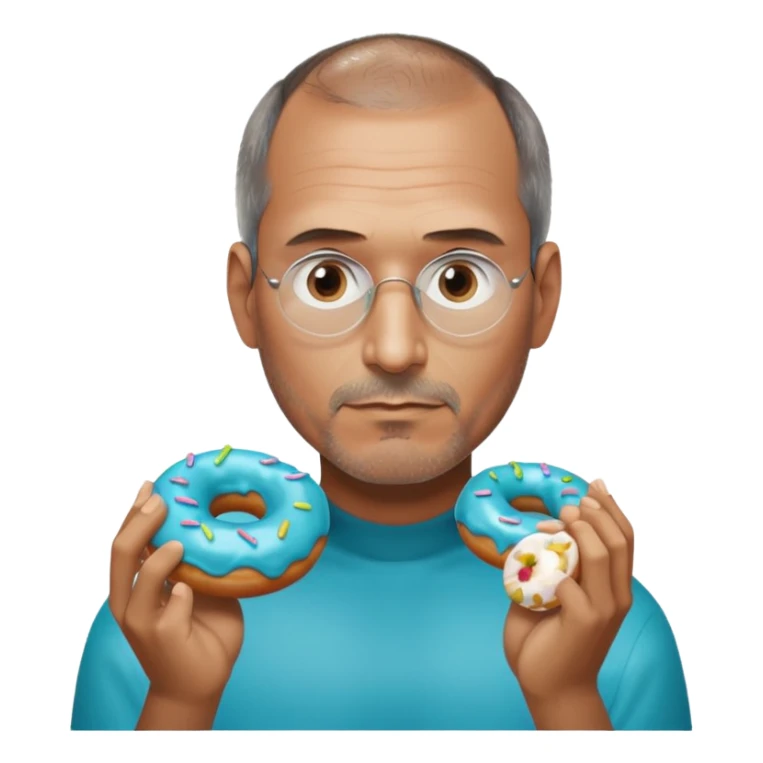 Steve jobs is eating a fully glass colored doughnut. the Doughnut is colored cyan and steve jobs is holding it by his hands, going to eat sticker