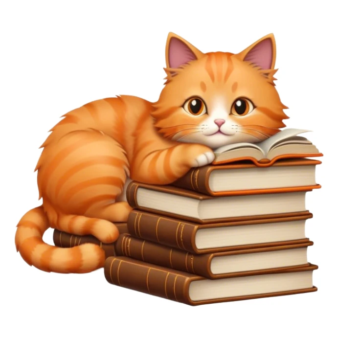 Cat reading a book leaning against a stack of books sticker