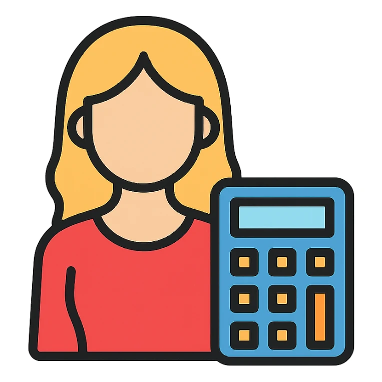 woman in a red dress with a calculator, simple and iconic sticker