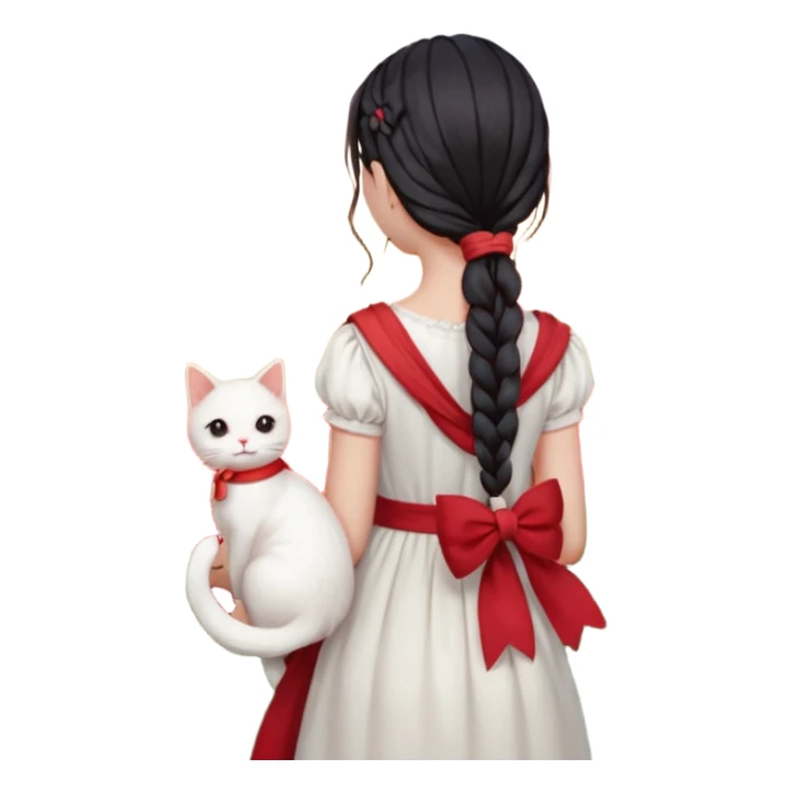 girl with long dark braid and bow, red scarf, white dress, holding white cat on shoulder, seen from behind, standing in a field at sunset, iOS emoji style, smooth glossy texture, soft lighting, kawaii, high detail, preserve all clothing and accessory details, sunset and field background sticker