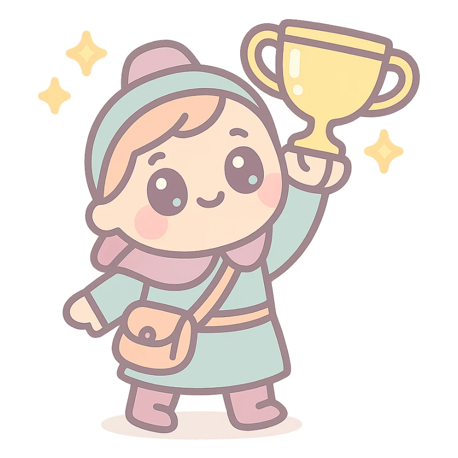 small funny medieval pilgrim raising a trophy cup in celebration, kawaii style, very cute, big eyes, pastel colors sticker