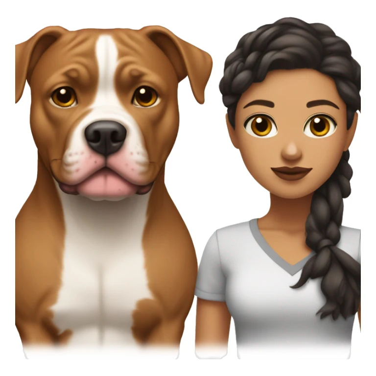 light skin girl with dark brown hair face next to red pitbull sticker