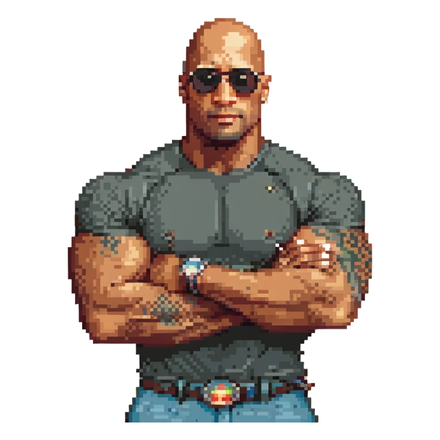 Dwayne 'The Rock' Johnson, pixel art style, bald, muscular, wearing sunglasses sticker