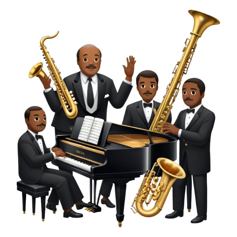 Icon for Jazz Music: Count Basie Orchestra, with Count Basie at the piano surrounded by jazz musicians playing instruments like saxophones, trumpets, and drums. Floating musical notes should capture the energetic and smooth vibe of big band jazz. Transparent background. sticker