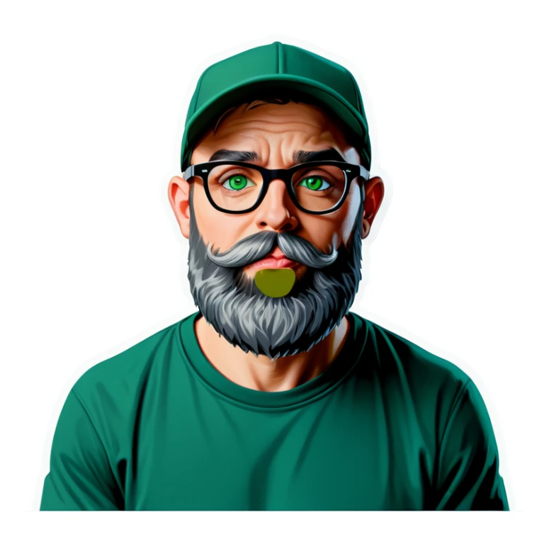 A bold man with a grey baseball cap, green eyes, big beard and glasses blows a kiss sticker