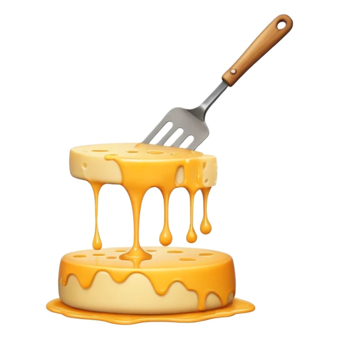 a half vertical  wheel of cheese being scraped with a metal spatula, melted cheese flowing, warm golden colors, modern emoji style, clean outlines, transparent background sticker