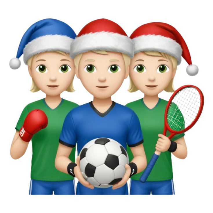 crie a imagem de 3 atletas de modalidades diferentes, usando elementos esportivos, como por exemplo bola, raquete, luvas de luta... e usando um chápeu de papai noel das cores verde e azul. sticker