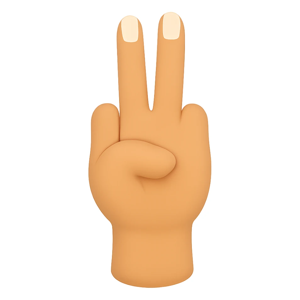 Female palm with two fingers up, matching the pose in the reference image, normal emoji style with transparent background, white nails. Variant 4 with slight difference in nail length. sticker