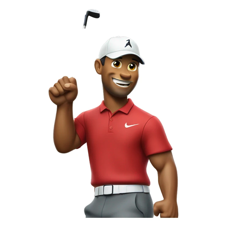 Tiger woods fist pumping while wearing red shirt holding putter in left hand sticker