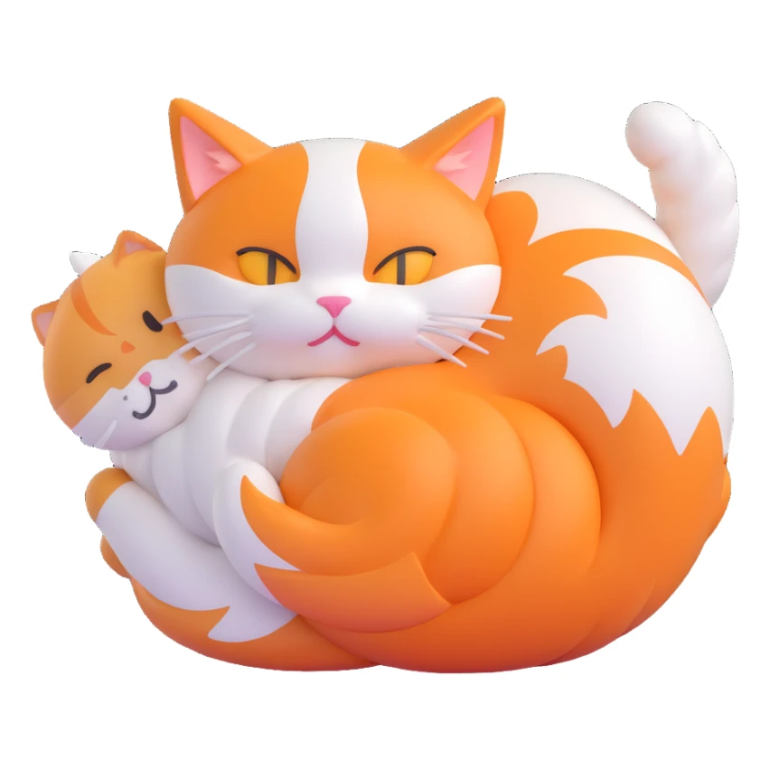 Turn this fluffy orange and white cat, curled up with its back turned, into a rounded, shiny, and expressive 3D iOS emoji style cat. No text, just the cat in 3D iOS emoji style. sticker