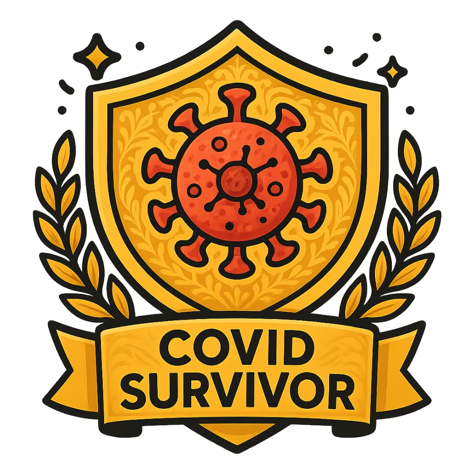 Make the badge more detailed: add intricate patterns to the shield, a more realistic virus symbol, subtle gradients, and a gold laurel wreath around the edge. Keep the celebratory style and 'COVID Survivor' text. sticker