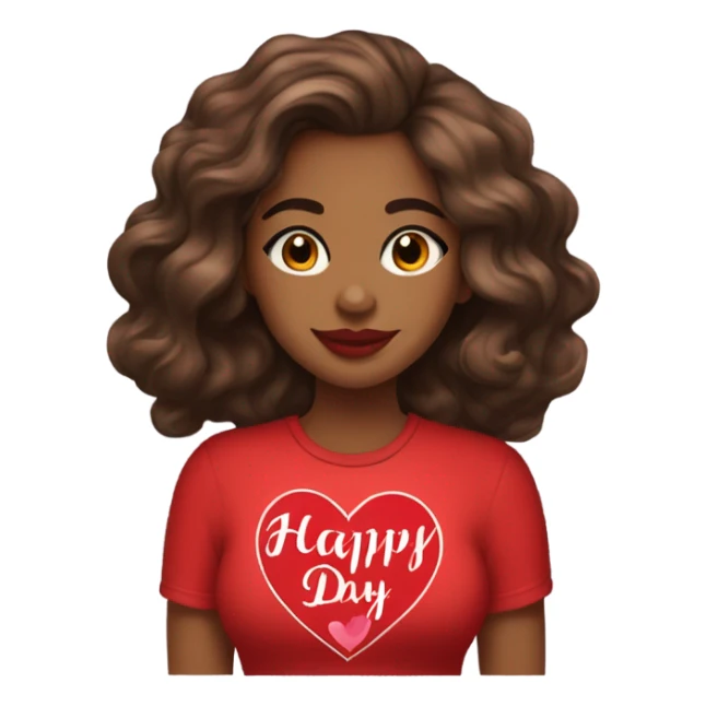 brown lady, medium brown long wavy hair, red lips, eyelashes, wearing red “happy Valentine’s Day” t shirt sticker