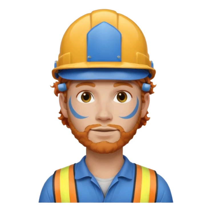 construction worker man ginger curly hair, blue helmet and face tattoo sticker