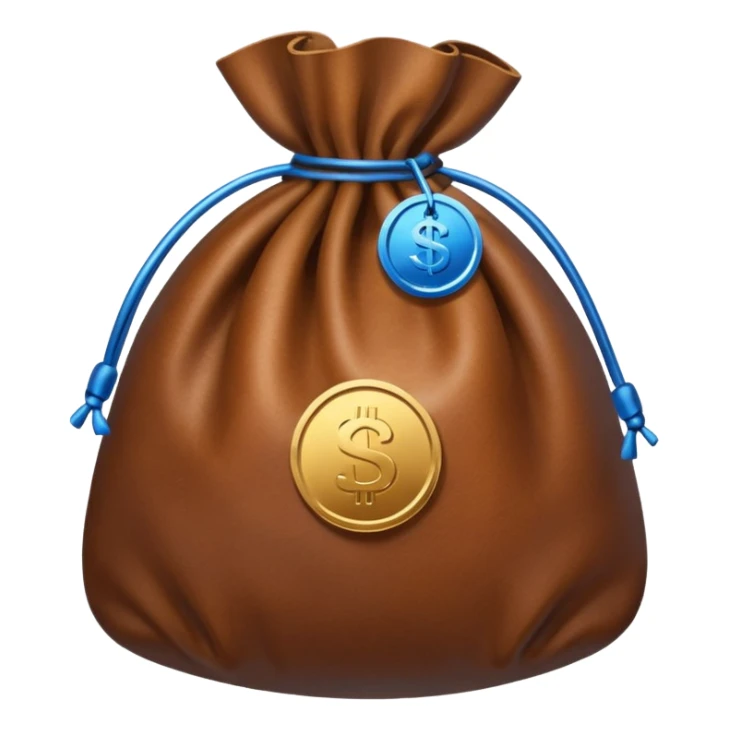brown money bag with a blue coin  sticker
