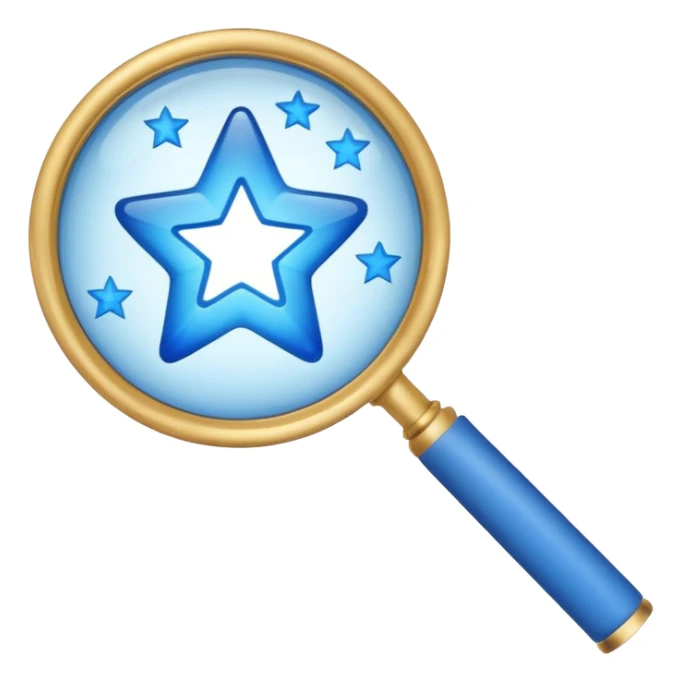 A blue left hand holding a magnifying glass which is showing blue stars sticker