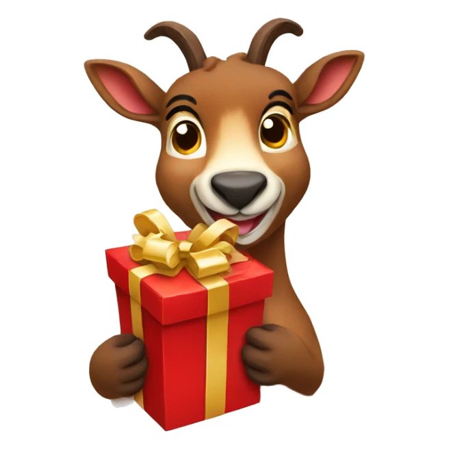 happy smiling brown chamois holding red gift sticker