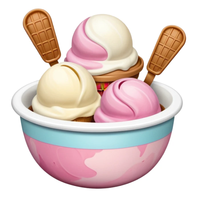 White, brown, and pink ice cream scoops in a bowl sticker