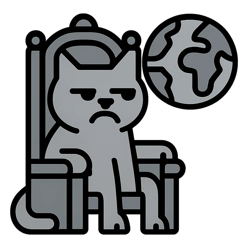 A gray cat with a black nose sitting on a throne looking at the world with disgust sticker