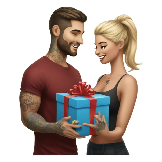 Hyper Realistic beautiful woman receiving a gift from a handsome tattooed man  sticker