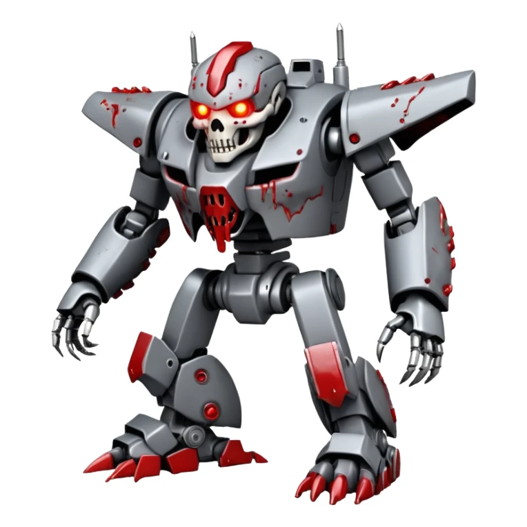 An all Grey metal evil mega zord tech bot with blood and glowing eyes in the style of your bleeding skull art, full body, rushed and worn from surviving the apocalypse, mostly Grey but splattered with blood, in a futuristic steam.punk cyber punk style sticker