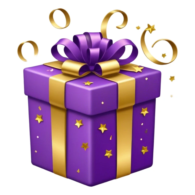 Purple and gold present with the lid off and glitter confetti sticker